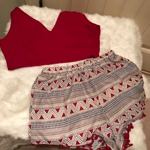 Two piece set. Red crop top with shorts.